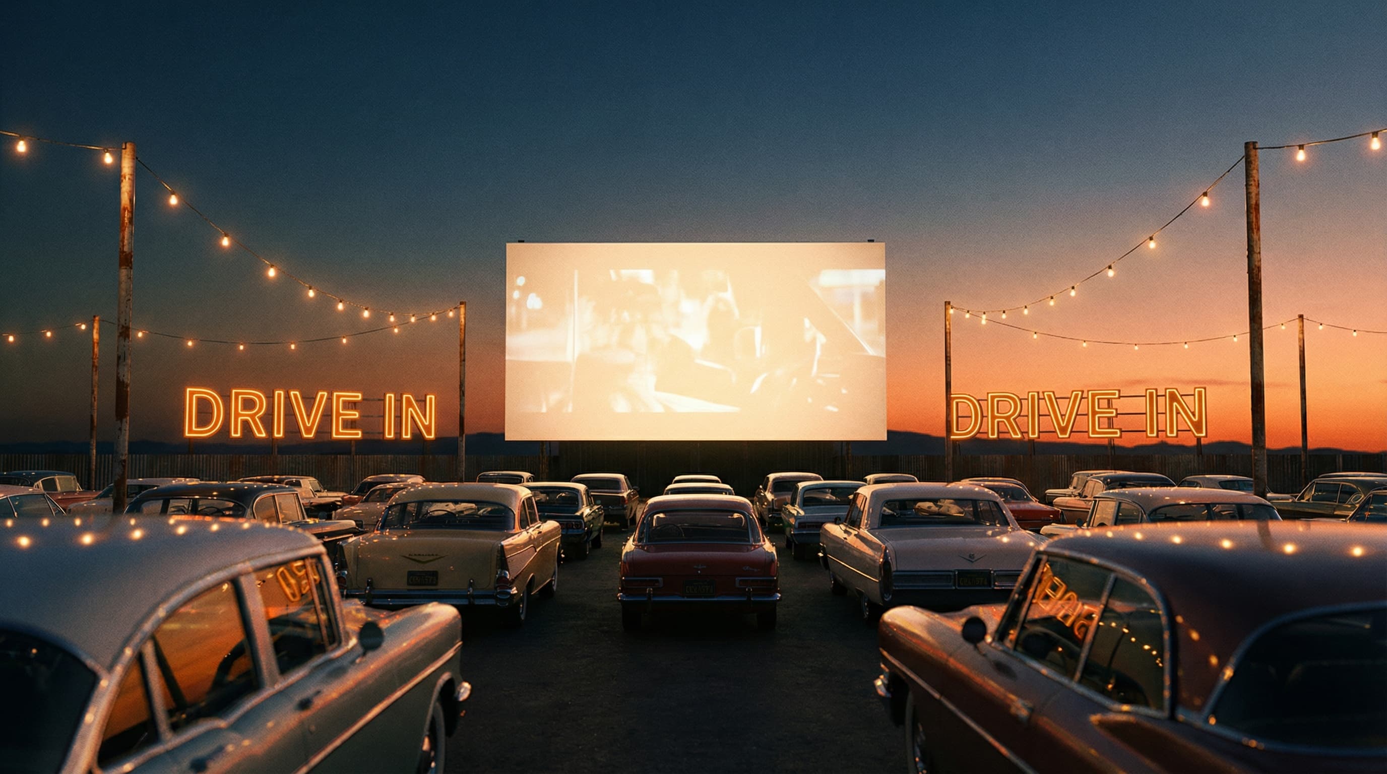 Classic drive-in movie theater at dusk with vintage cars and neon signs in the United States